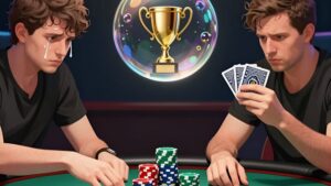 Focused poker player facing a nervous opponent to illustrate tactical adjustments tournament bubble tension