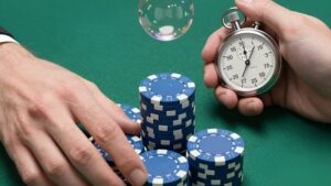 Hands stacking blue chips with a stopwatch for a managing bankroll during tournament bubble guide