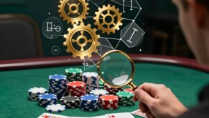 Magnifying glass revealing golden gears over poker chips for understanding bonus wagering math