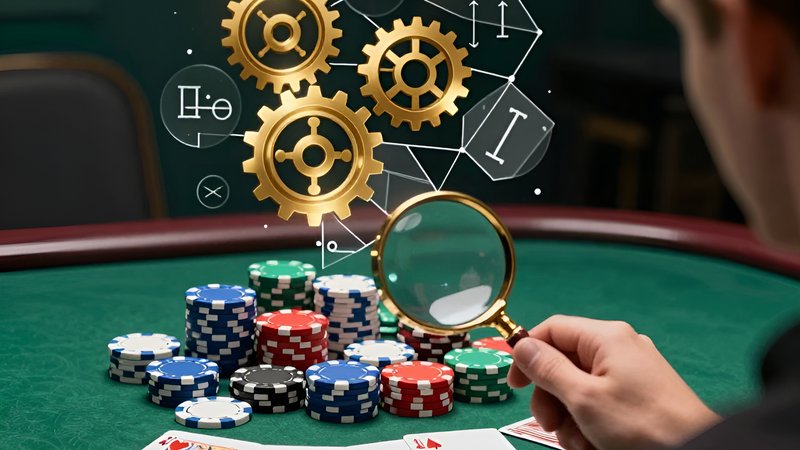 Magnifying glass revealing golden gears over poker chips for understanding bonus wagering math