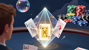 Poker player analyzing glowing cards to master adjusting range tactical shifts tournament bubble
