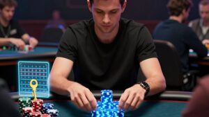 Poker player stacking neon chips with a holographic abacus for understanding tournament welcome bonuses wagering math