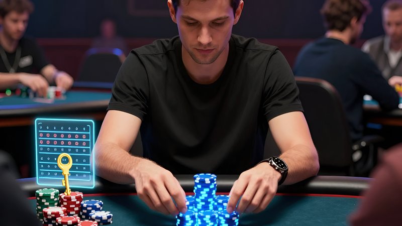 Poker player stacking neon chips with a holographic abacus for understanding tournament welcome bonuses wagering math