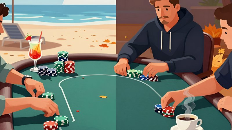 Poker table splitting summer beach vibes and autumn focus for September Transition Adjusting Texas Holdem Tournament strategies