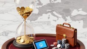 Surreal landscape with poker chips flowing into a digital wallet for managing deposits withdrawals tournament play